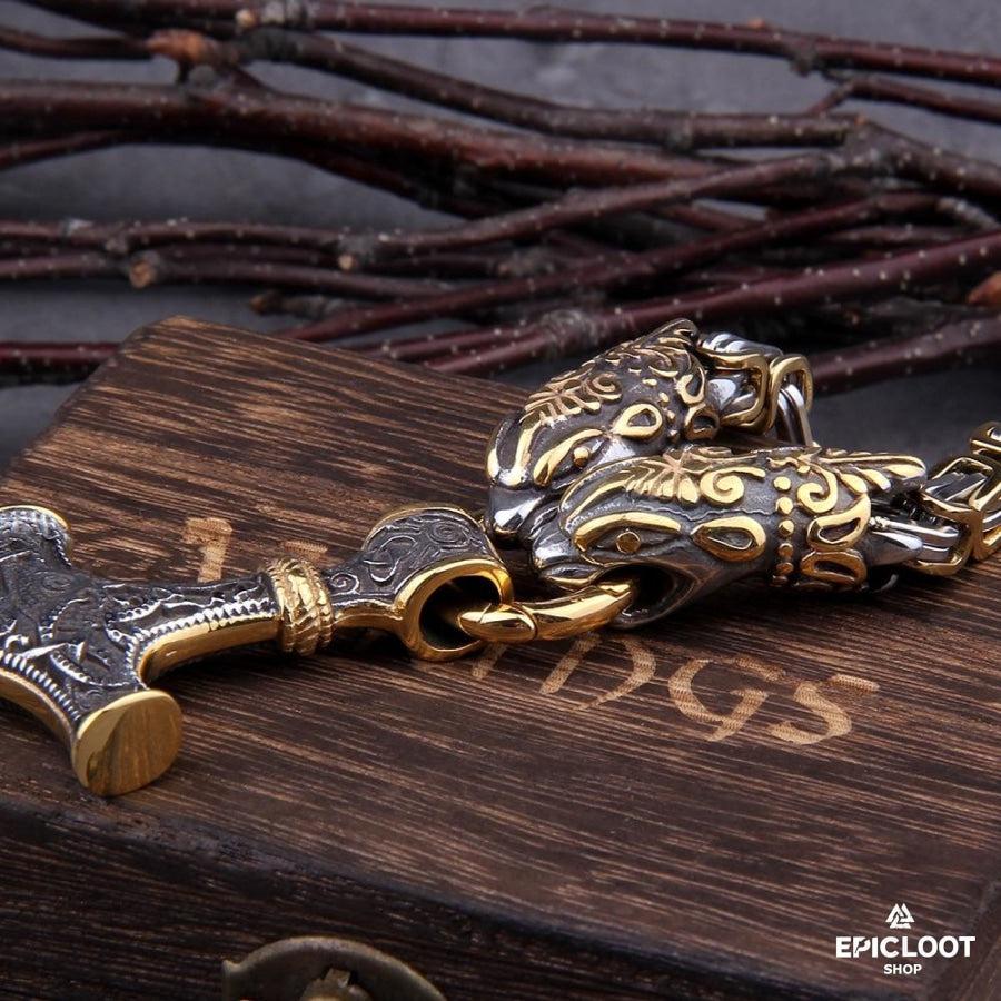Gold King Chain With Dragon Heads & Mjolnir Pendant