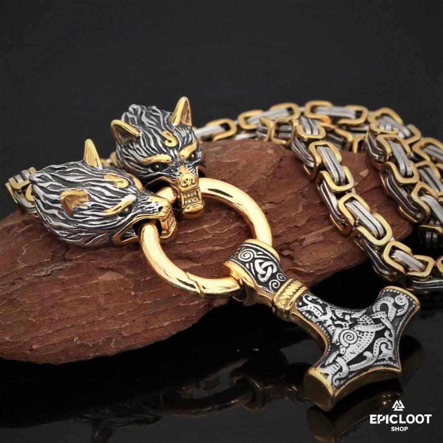 Gold King Chain With Wolf Heads & Mjolnir Pendant