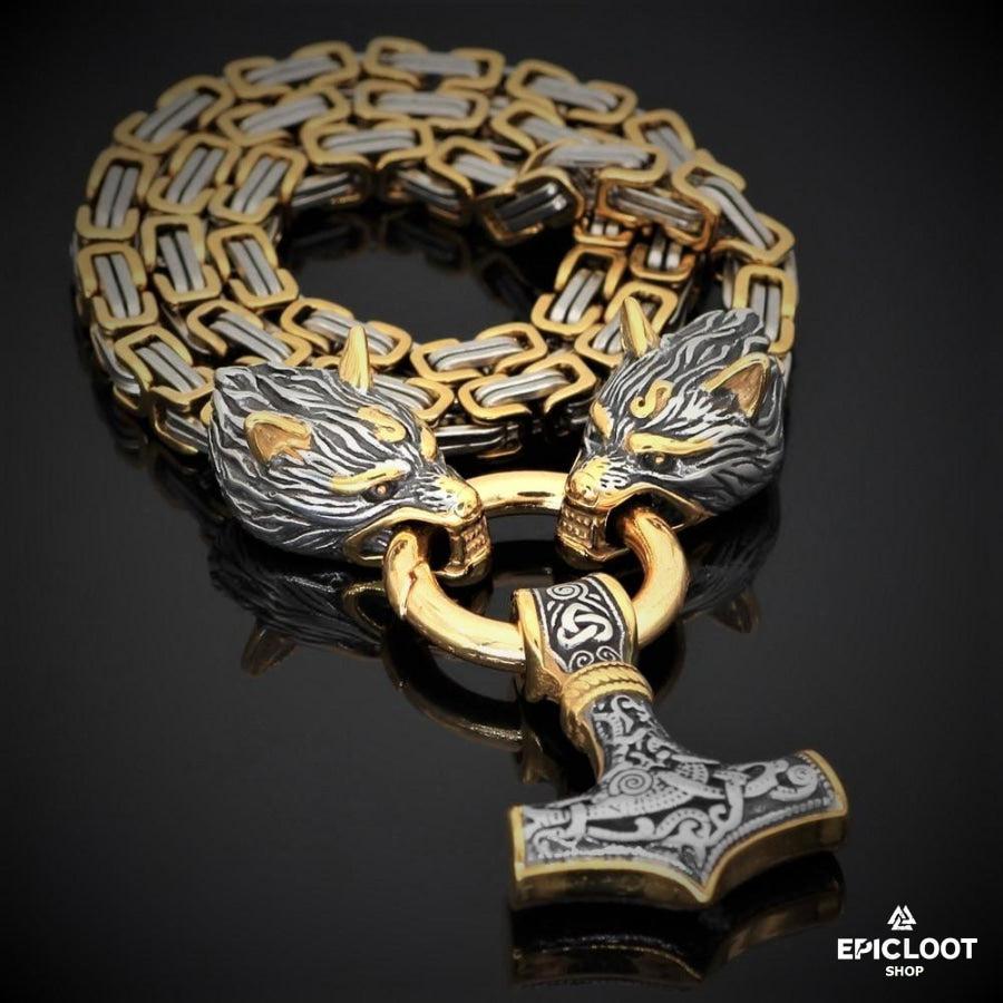 Gold King Chain With Wolf Heads & Mjolnir Pendant