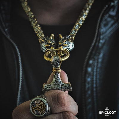 Collana King Dorata con Teste di Lupo & Pendente Mjolnir