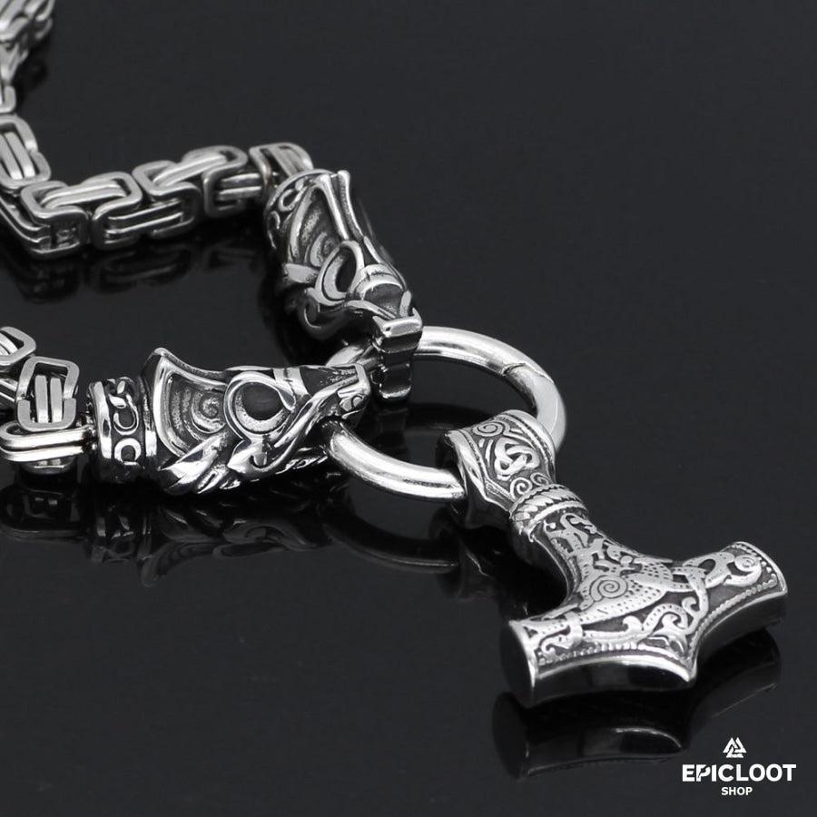 King Chain With Fenrir Wolf Heads & Mjolnir Pendant