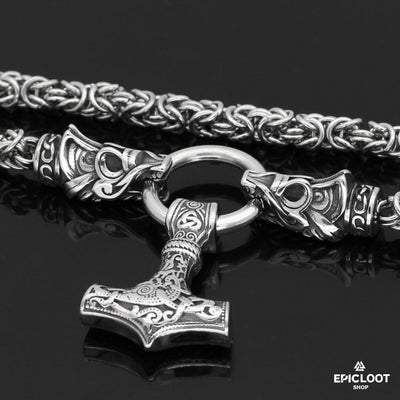 King Chain With Fenrir Wolf Heads & Mjolnir Pendant