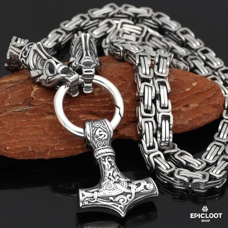 King Chain With Fenrir Wolf Heads & Mjolnir Pendant