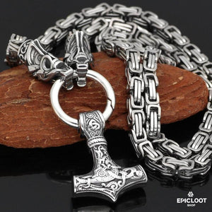 King Chain With Fenrir Wolf Heads & Mjolnir Pendant