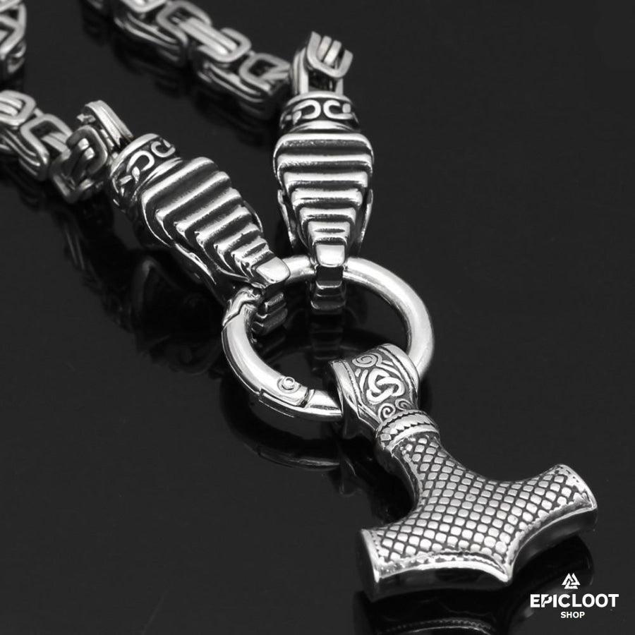 King Chain With Fenrir Wolf Heads & Mjolnir Pendant