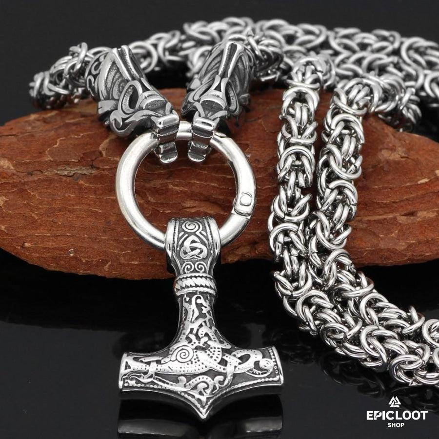 King Chain With Fenrir Wolf Heads & Mjolnir Pendant