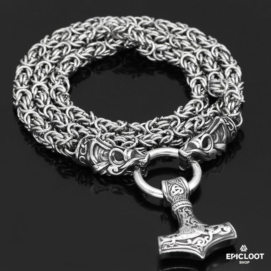 King Chain With Fenrir Wolf Heads & Mjolnir Pendant