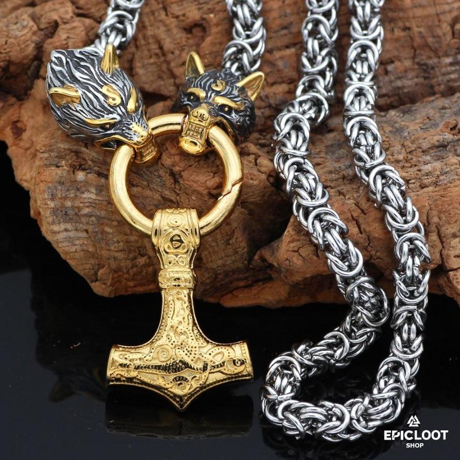 King Chain With Wolf Heads & Gold Mjolnir Pendant