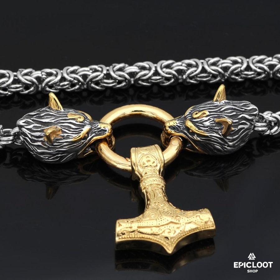 King Chain With Wolf Heads & Gold Mjolnir Pendant