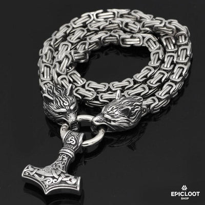 King Chain With Wolf Heads & Mjolnir Pendant