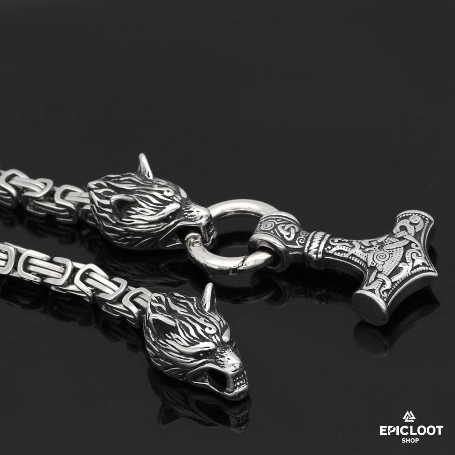 King Chain With Wolf Heads & Mjolnir Pendant