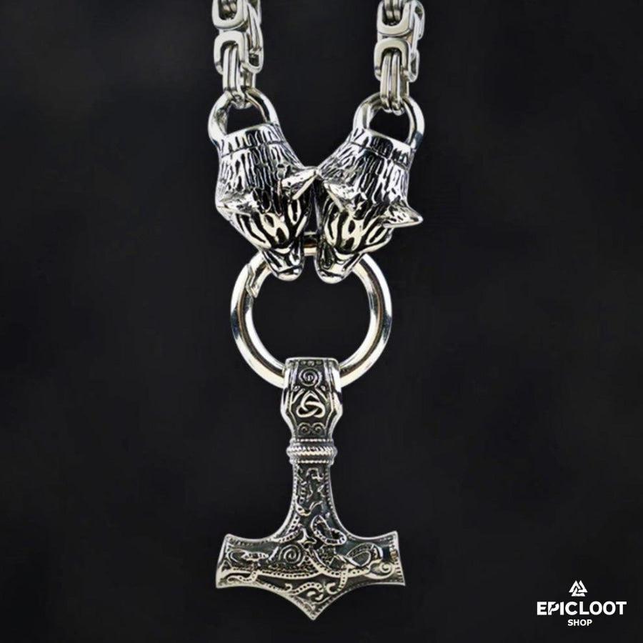 King Chain With Wolf Heads & Mjolnir Pendant