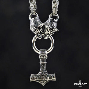 King Chain With Wolf Heads & Mjolnir Pendant