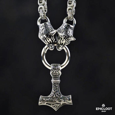 King Chain With Wolf Heads & Mjolnir Pendant