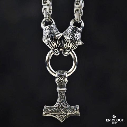 King Chain With Wolf Heads & Mjolnir Pendant
