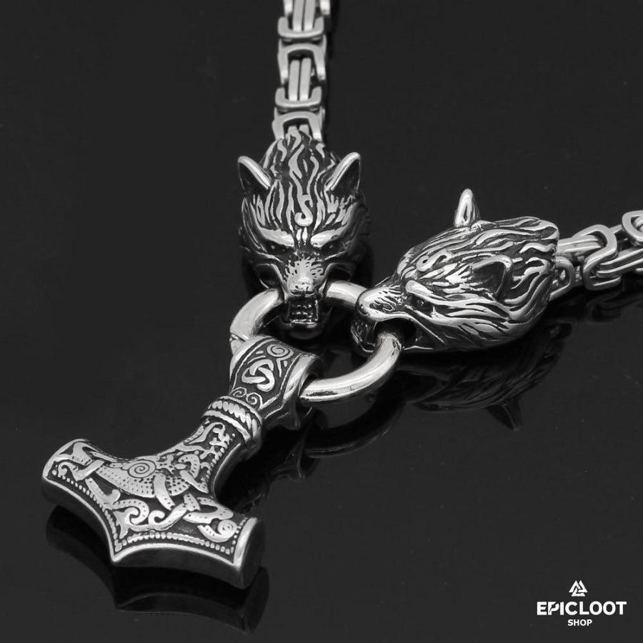 King Chain With Wolf Heads & Mjolnir Pendant