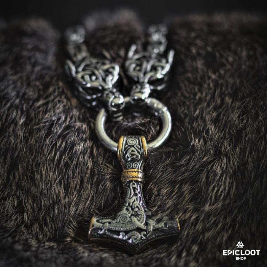 King Chain Wolves Holding Mjolnir Pendant