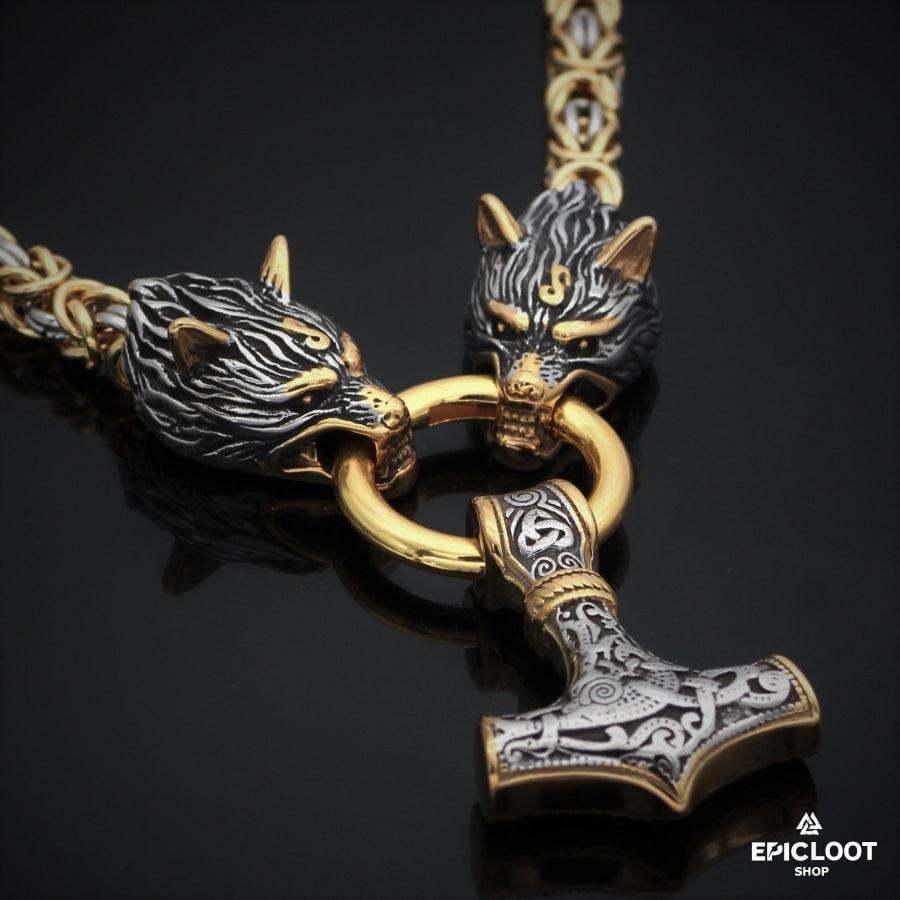 King Chain Wolves Holding Mjolnir Pendant