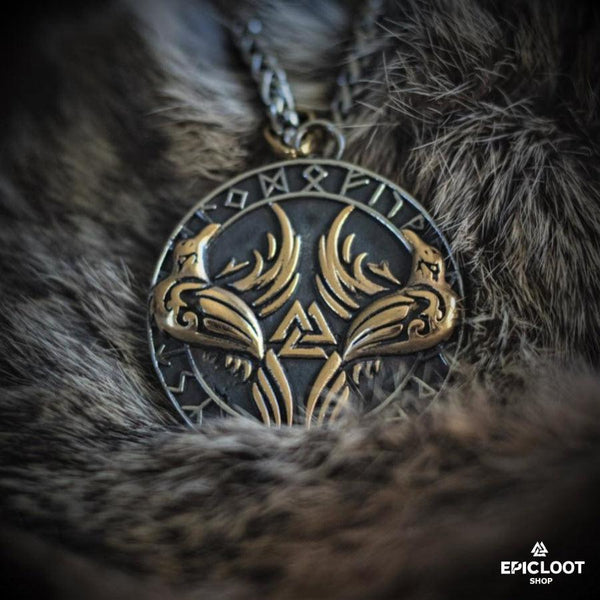 Viking pendant Valknut Futhark Odin Triple Horn Triskele Ravens Huggin Munnin hotsell Vikings Pendant Wolf Heads Leather Necklace Bronze