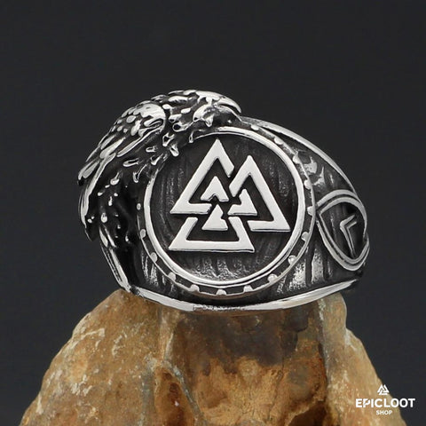Raven Sits on Valknut Symbol Ring