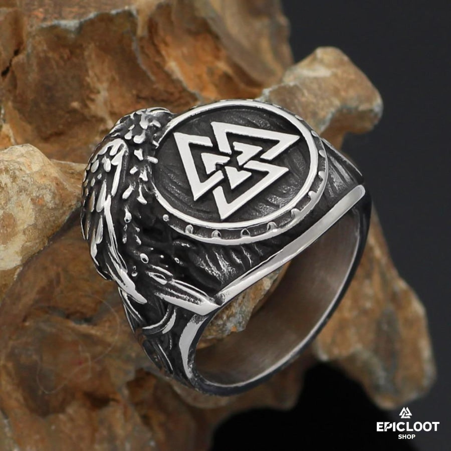 Raven Sits on Valknut Symbol Ring
