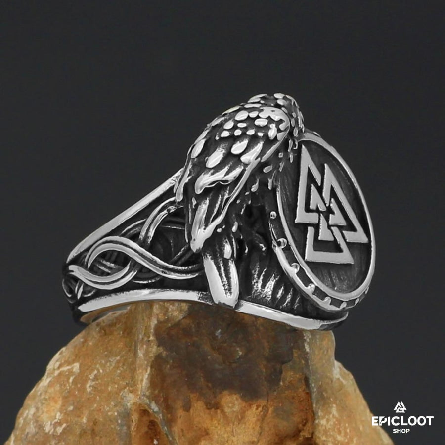 Raven Sits on Valknut Symbol Ring