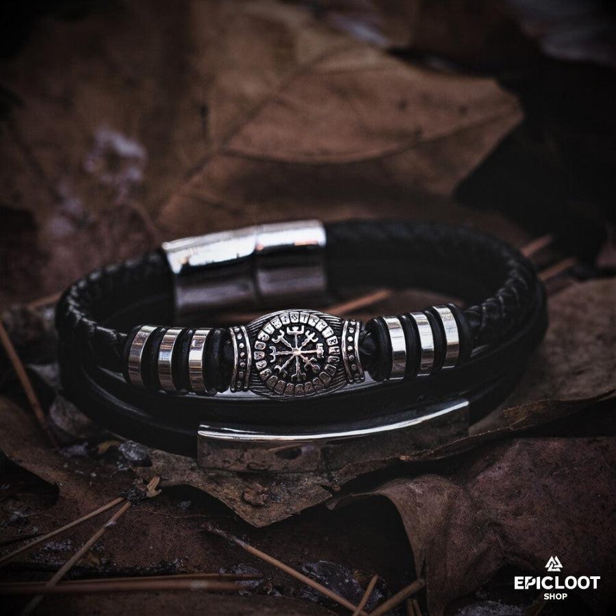 Runic Vegvisir Compass Leather Bracelet