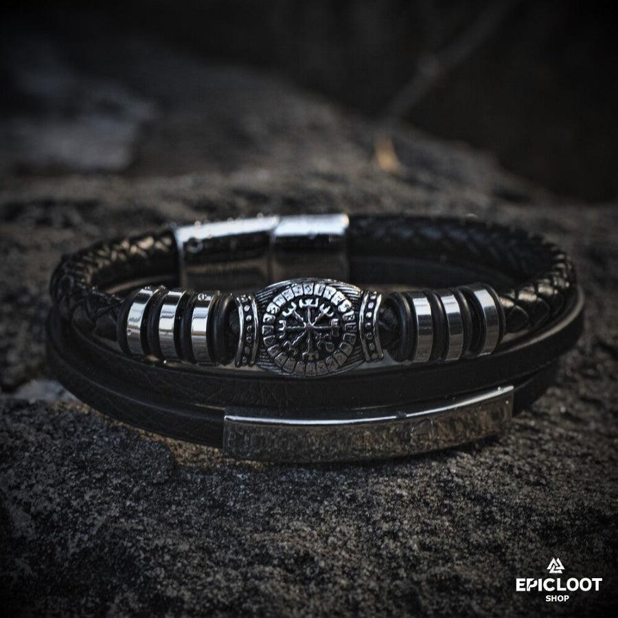 Runic Vegvisir Compass Leather Bracelet