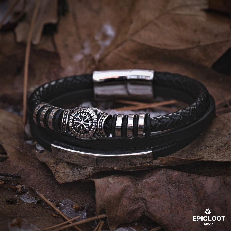 Runic Vegvisir Compass Leather Bracelet