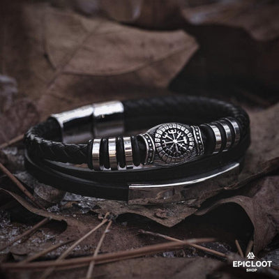 Runic Vegvisir Compass Leather Bracelet