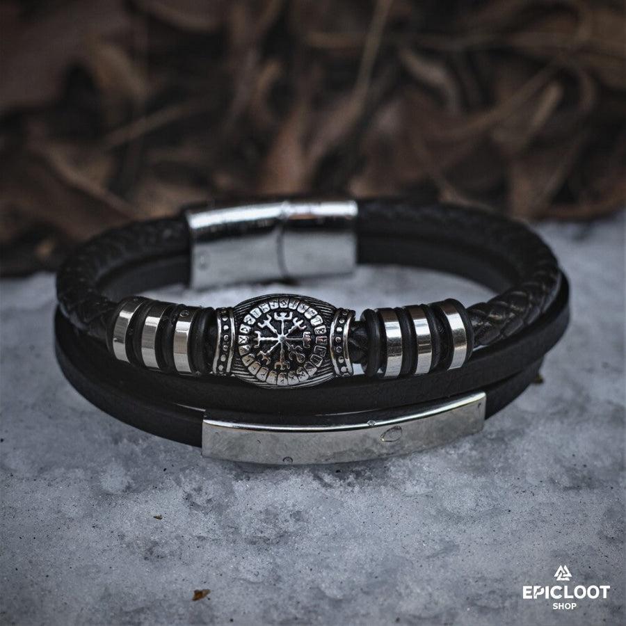 Runic Vegvisir Compass Leather Bracelet