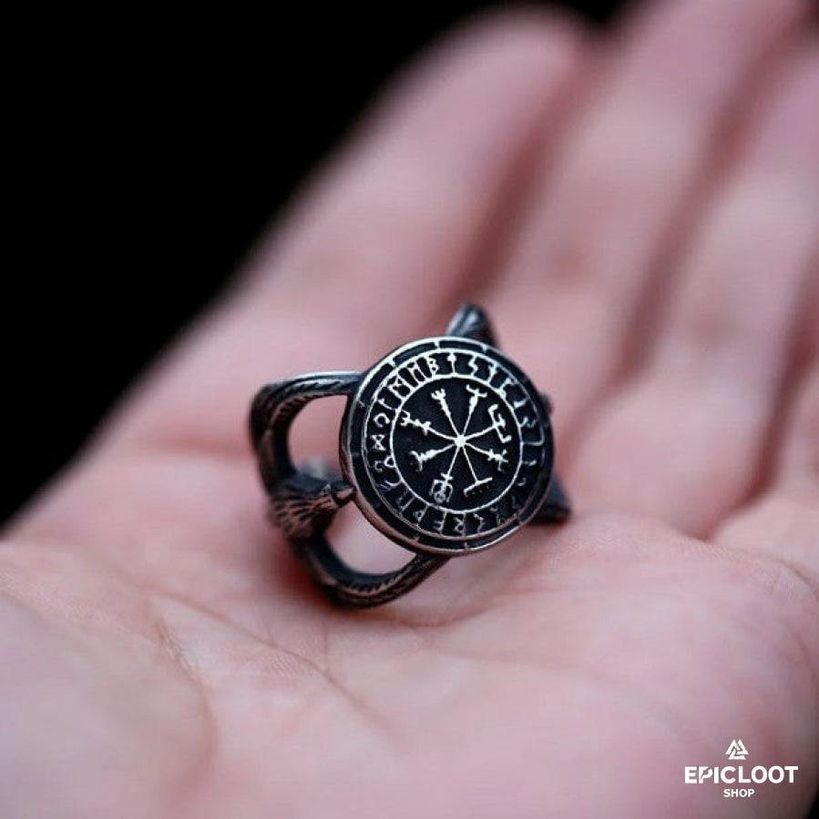 Runic Vegvisir Compass Ravens Ring