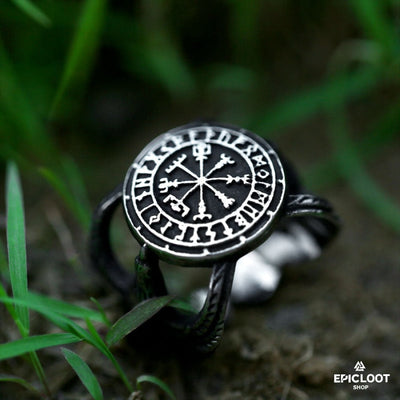 Anello con Vegvisir Runico, Bussola e Corvi