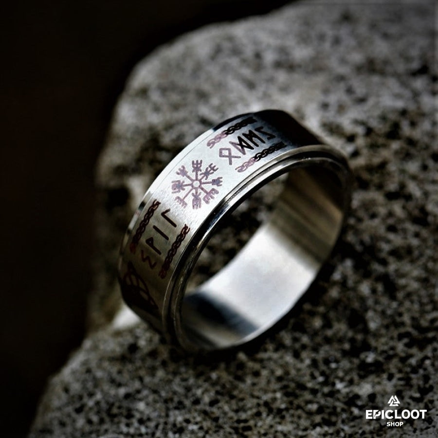 Titanium Stainless Nordic Symbols Rotating Ring