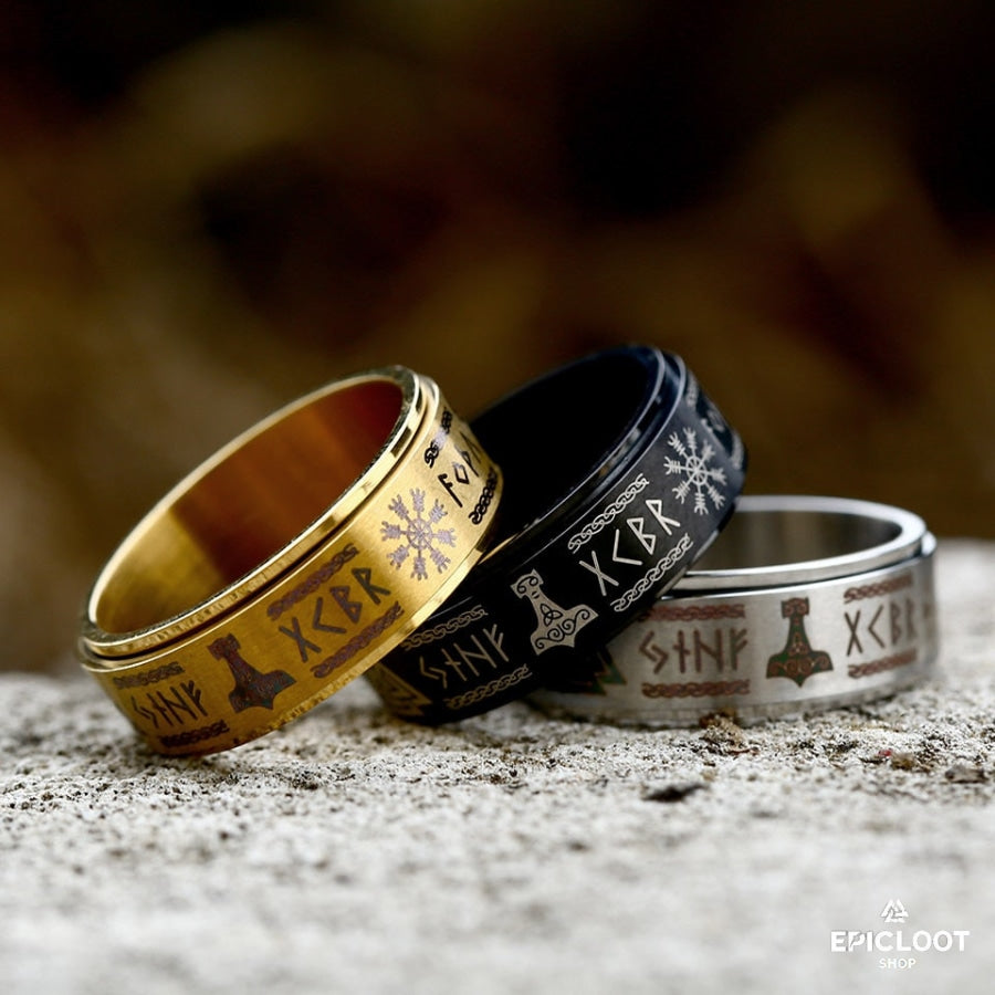 Titanium Stainless Nordic Symbols Rotating Ring