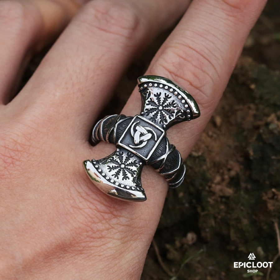 Viking Axe Ring With Nordic Symbols