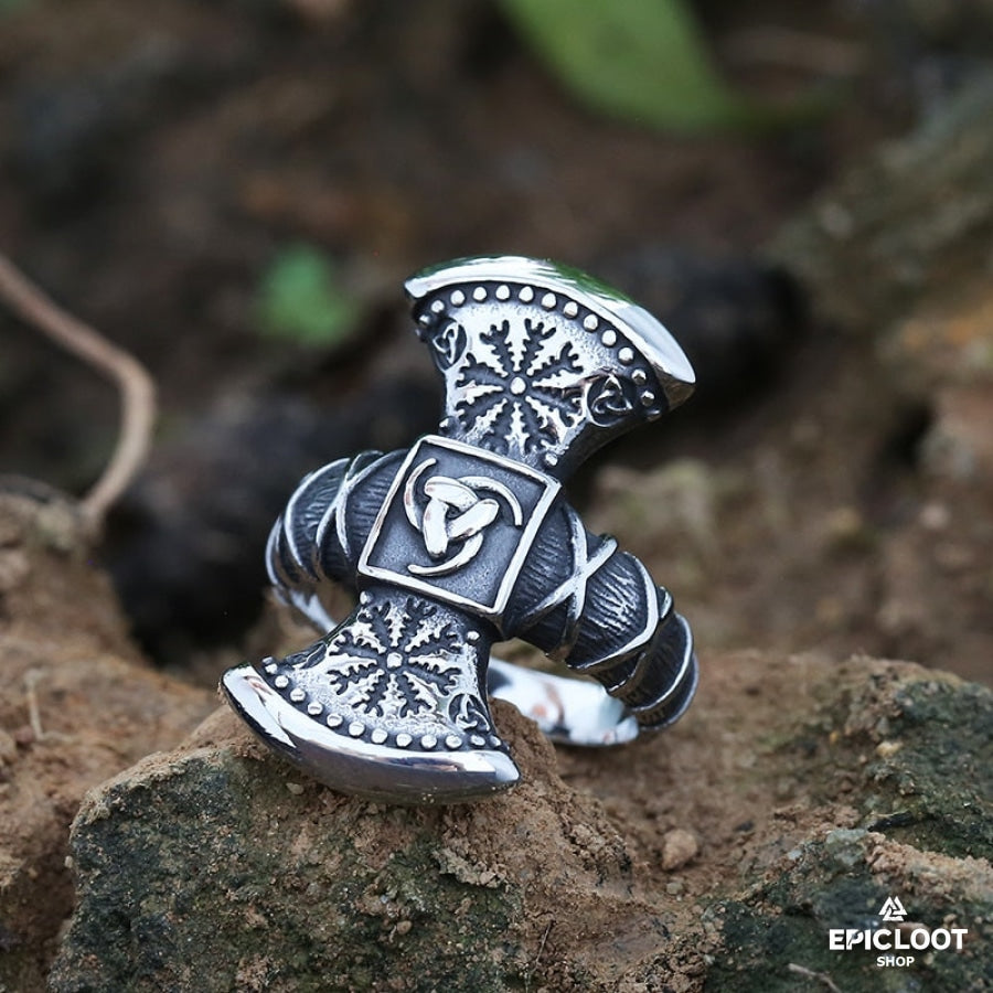 Viking Axe Ring With Nordic Symbols