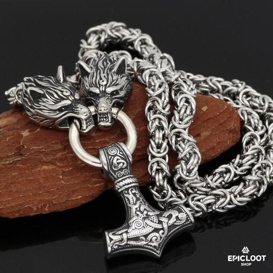 Wolf heads Norse viking Mjolnir Necklace