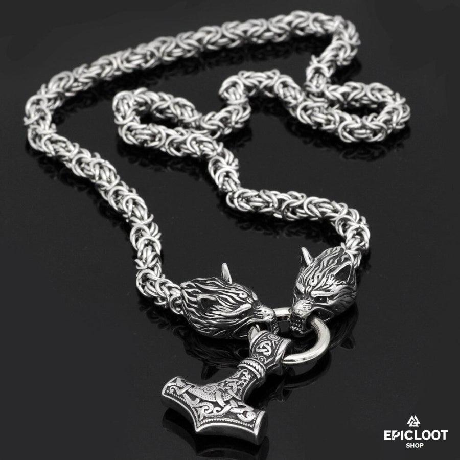Wolf heads Norse viking Mjolnir Necklace