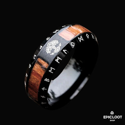 Yggdrasil Ring with Nordic Runes - Wooden Design