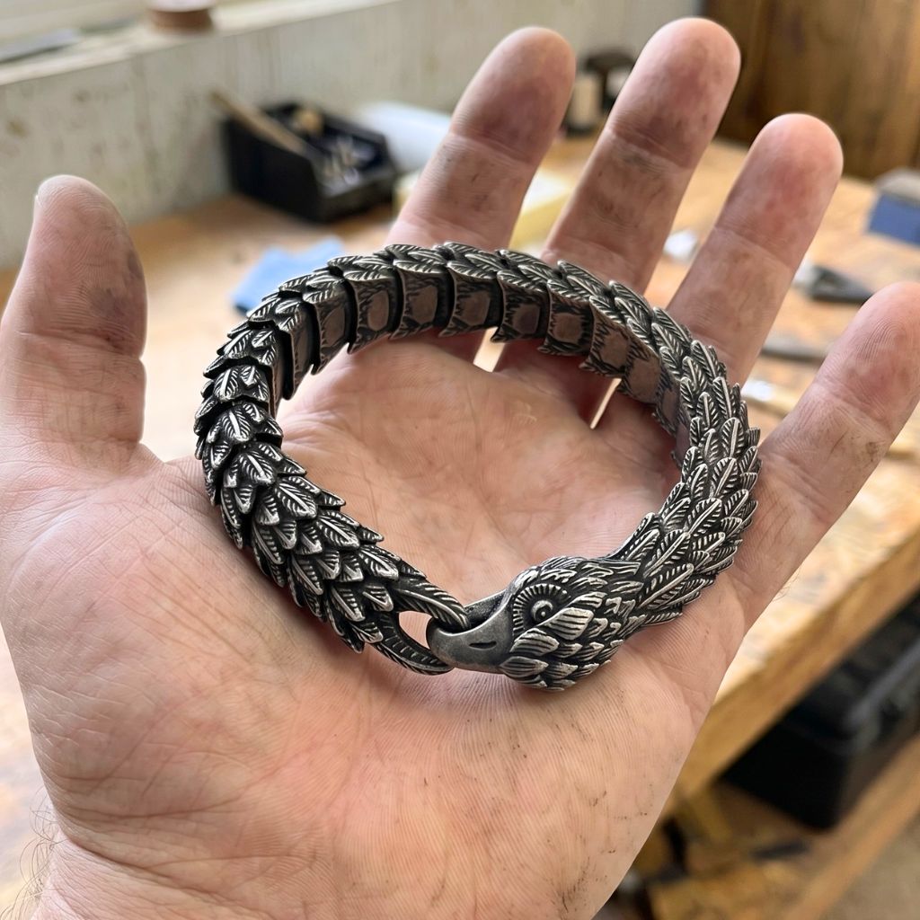 Raven feather link bracelet - Viking bracelet in solid 316L stainless steel
