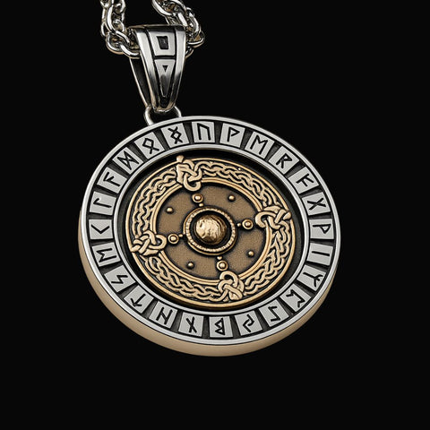 Viking Shield & Vegvisir Rotating Pendant Necklace