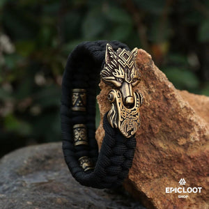 Bracciale Paracord con Testa di Lupo Fenrir in Bronzo per Uomo