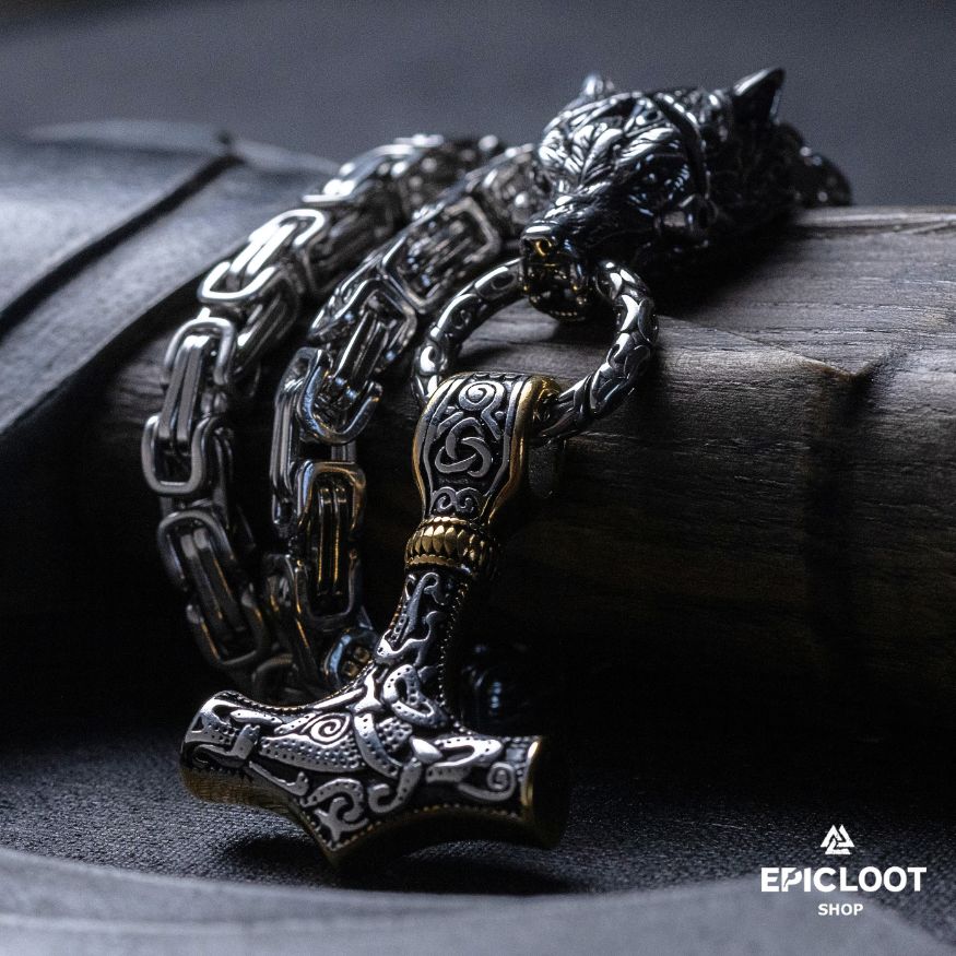 King Chain Fenrir Holding Mjlonir Viking Necklace