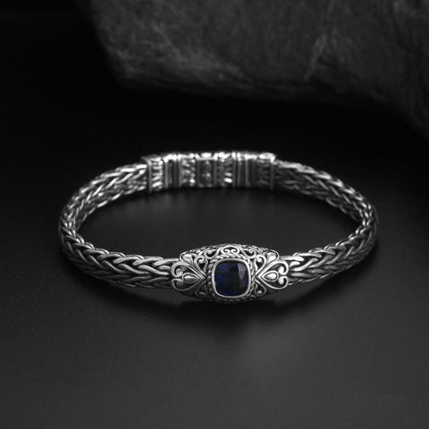 S925 Silver Antique Inspired Bracelet Featuring a Stunning Blue Corundum