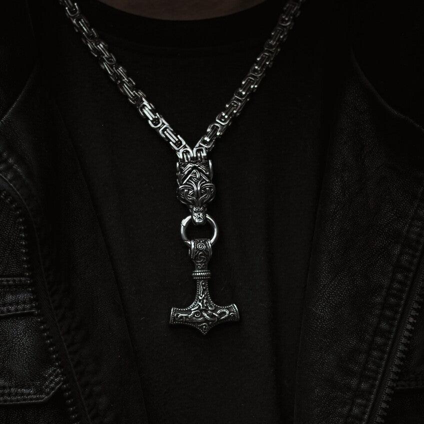King Chain Fenrir Holding Mjolnir Pendant