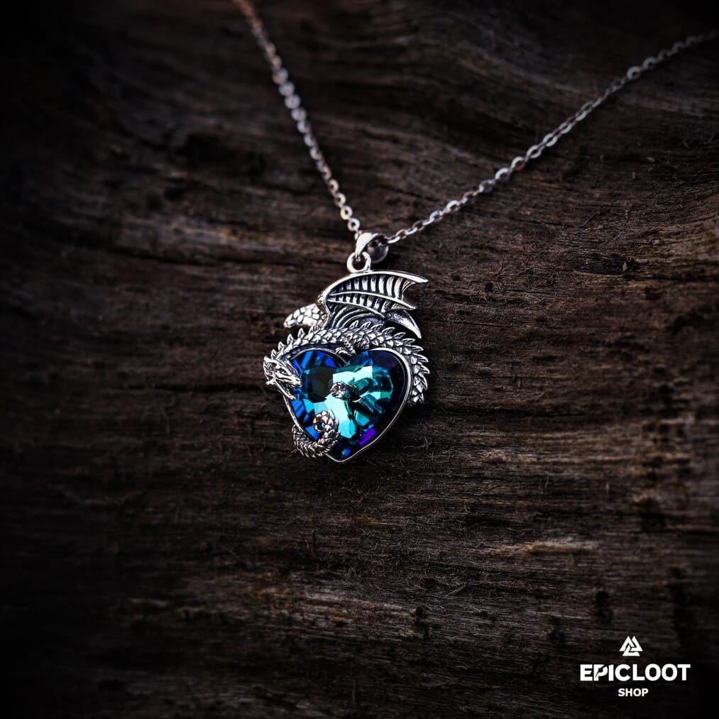 925 Silver Dragon guards a blue crystal heart necklace.