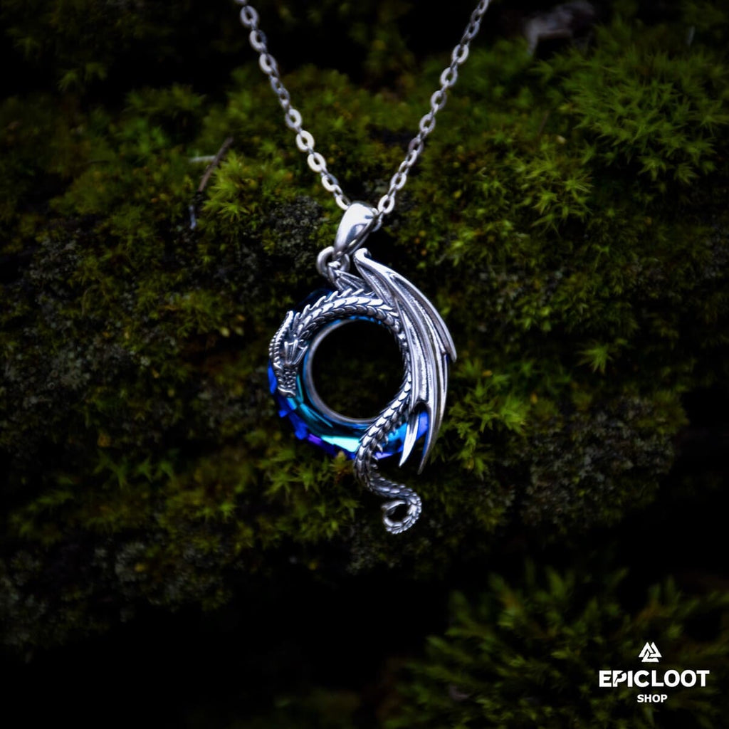 Dragon 925 silver necklace with a round blue crystal stone.