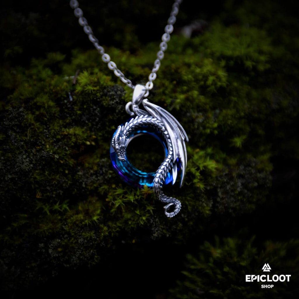 Dragon 925 silver necklace with a round blue crystal stone.