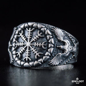 925 silver Helm of Awe Symbol Raven Ring